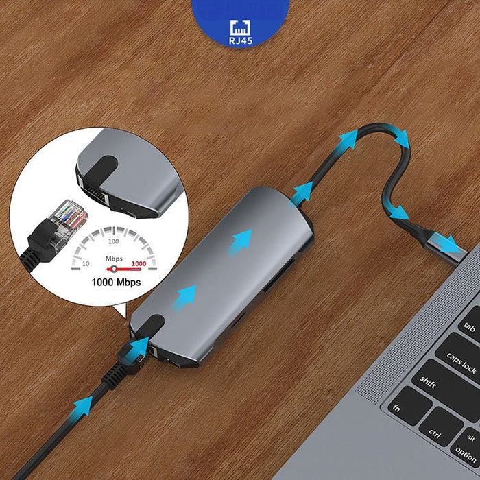 Basix Type-C Docking Station - 8 in 1 USB-C Hub Splitter, USB3.0, PD 100W, 4K HDMI, RJ45 1000Mbps LAN, SD/TF Card Reader - Ideal for PC, Computer & Laptop Connectivity - Shopsta EU